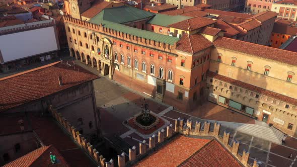 Aerial view over Fontana del Nettuno, center Bologna. October 2021