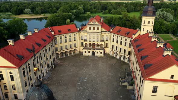 Flying Over the Nesvizh Castle, the Park Around the Castle and the Lake, Aerial Video of Nesvizh