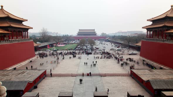 Chinese Tourists on Beijing Forbidden City Square Timelapse