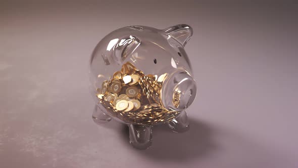 Cute glass piggy bank with huge amounts of coins. Money fast grows inside.