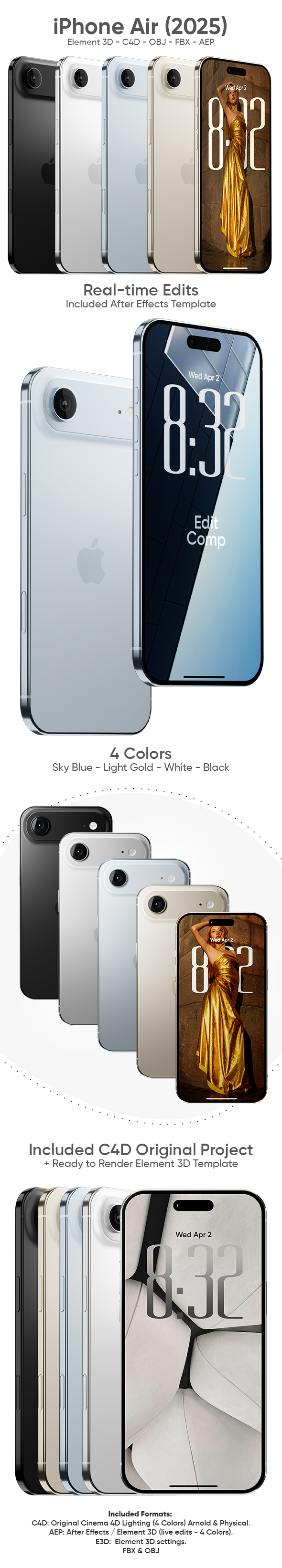 iPhone Air 3D Model for Element 3D & Cinema 4D