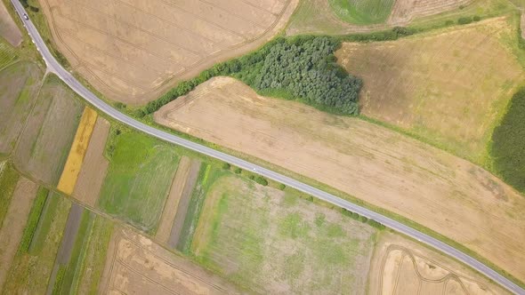 Aerial view of yellow agriculture wheat field ready to be harvested in late summer.