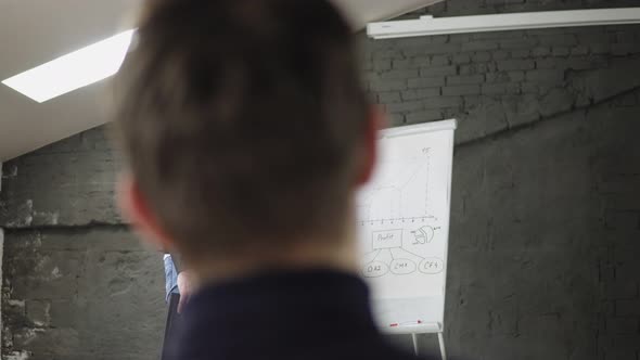 Handsome Young Businessman Pointing at Flipchart During Presentation in Conference Room and Holding