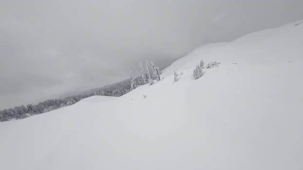 Aerial View Sport Fpv Drone Wilderness Snowy Area Abkhazia Mamdziskha Mountain with Blizzard