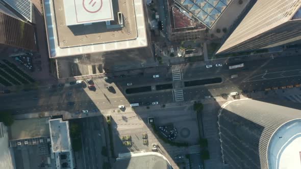 AERIAL: Slow Uplifting Birds Eye View Flight Over Downtown Los Angeles California Grand Avenue in