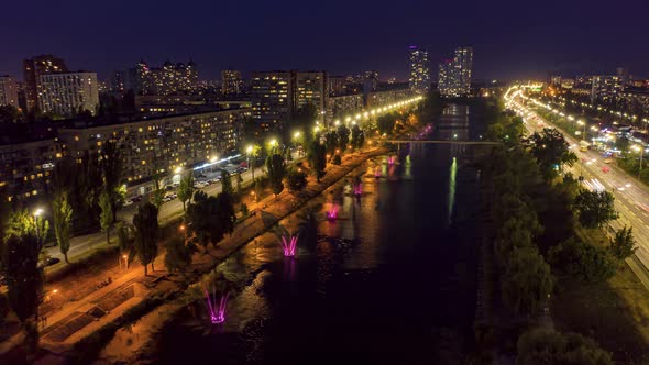 Aerial View of Musical Fountains on the Rusanovsky Channel in the Evening. Timelapse Hyperlapse