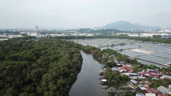 Aerial view fish farm at Kuala Juru