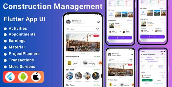 Flutter Construction Management App Template | Project Tracking, Team Collaboration & Reports