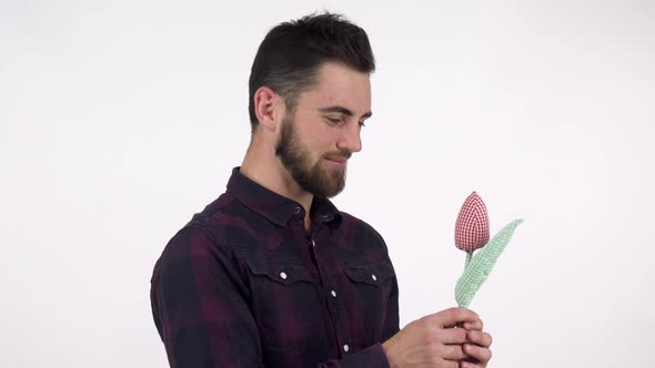 Handsome Bearded Romantic Man Holding Out Toy Flower To the Camera