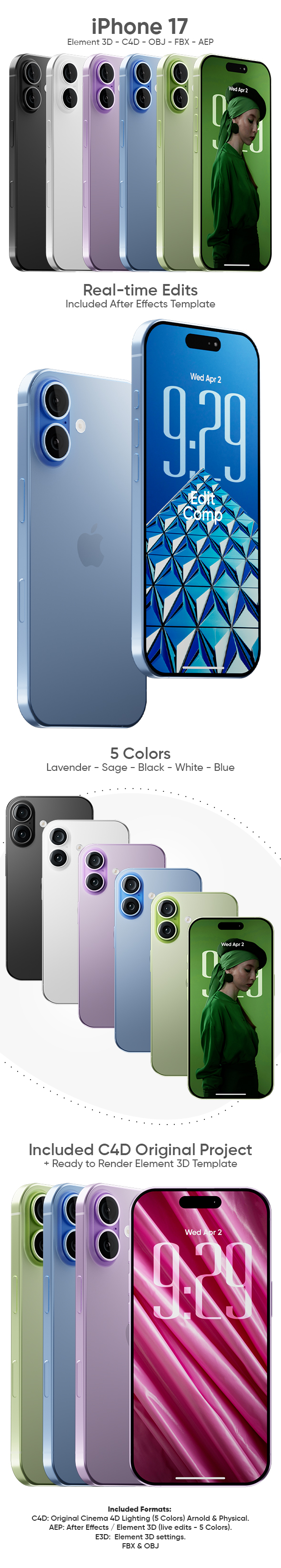 iPhone 17 3D Model for Element 3D & Cinema 4D