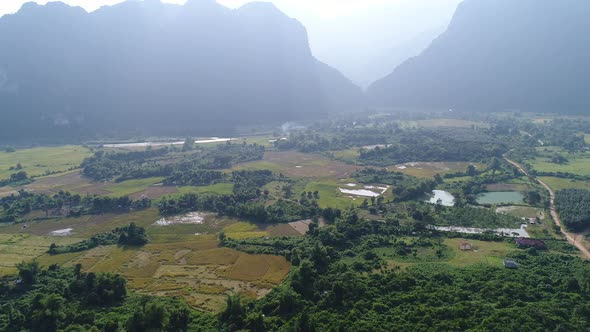 Natural landscapes around the city of Vang Vieng in Laos seen from the sky