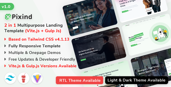 Pixind - Responsive Landing Template (Tailwind CSS v4)