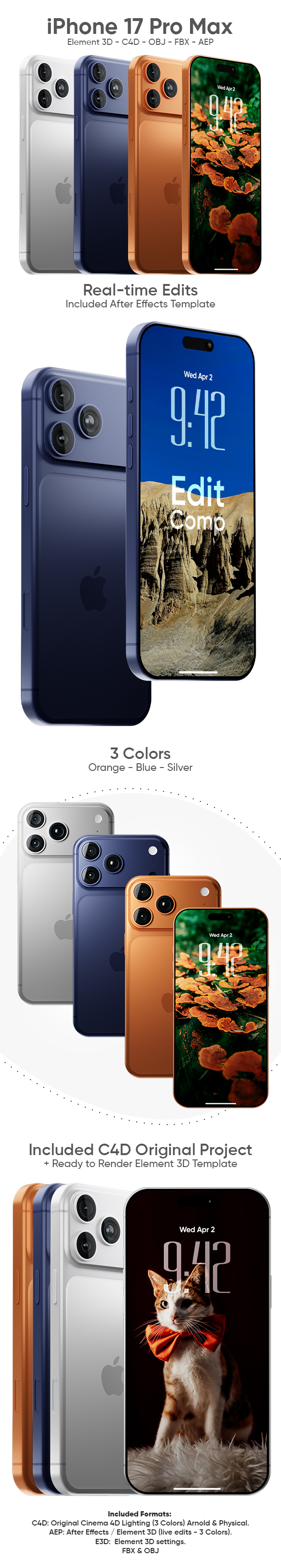 iPhone 17 Pro Max 3D Model for Element 3D & Cinema 4D