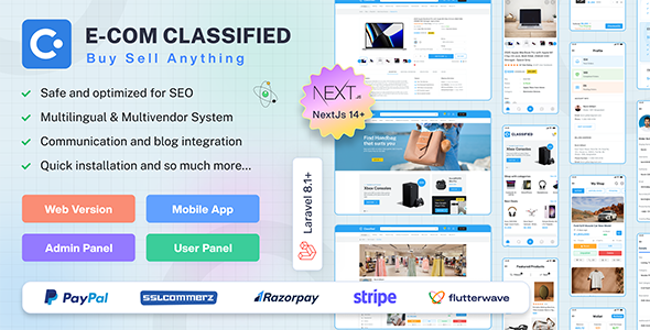 Full eCommerce Classified– Flutter (Android, iOS), Next.js Web, React Admin,  Laravel API