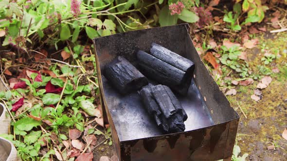 A Mans Hand Puts Charcoal for Lighting in the Brazier