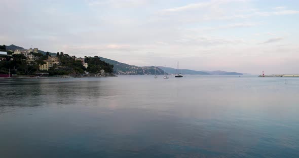 POV floatplane taking off from sea water in Santa Margherita Ligure, Italy.