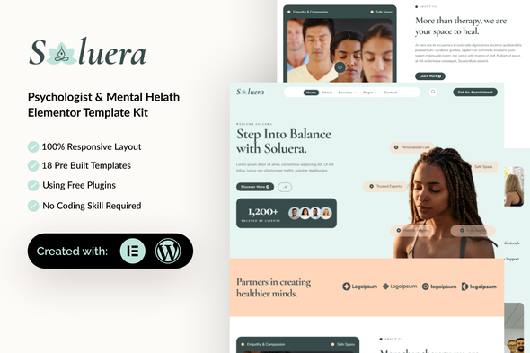 Soluera - Psychologist & Mental Health Elementor Template Kit