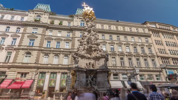 Memorial Plague Column and Tourists on Graben Street Vienna Timelapse Hyperlapse