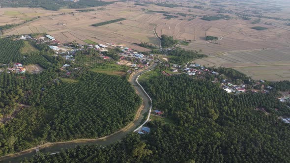 Drone view winding river at oil palm