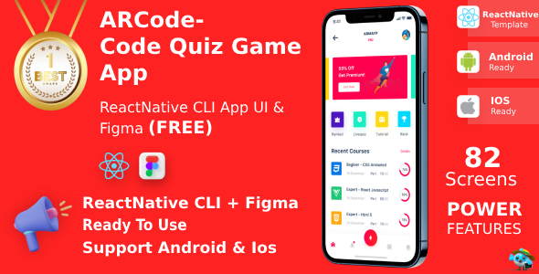 Arcode ANDROID + IOS + FIGMA | UI Kit | React Native | Programing Language Course & Quiz App