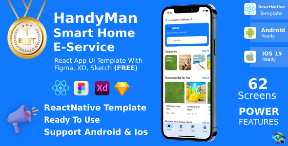 Smart Home E-Service ANDROID + IOS + Figma + XD + Sketch | ReactNative | Handyman | LifeTime Update