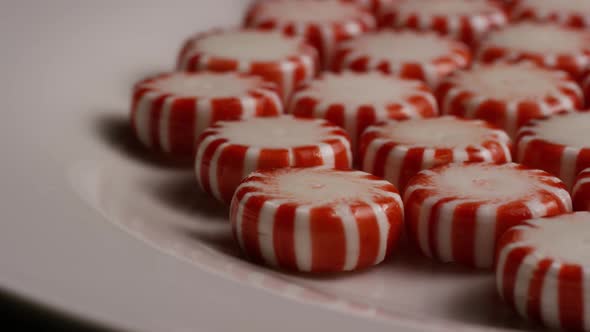 Rotating shot of peppermint candies 