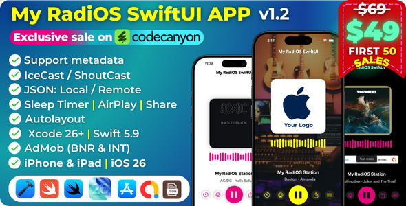 My RadiOS SwiftUI APP iOS 26, Radio Stream, Radio Swift, iOS APP Template (Single Station) 