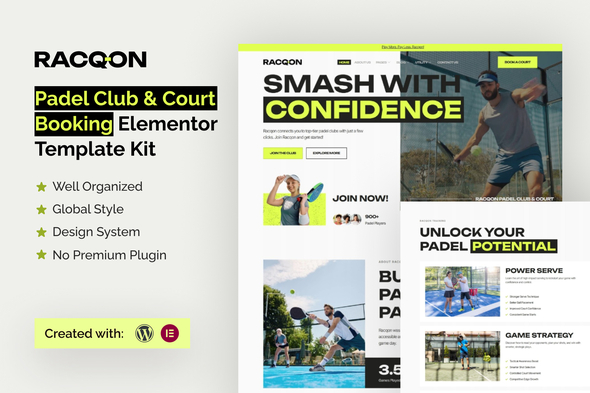 Racqon  - Padel Club & Court Booking  Elementor Template Kit