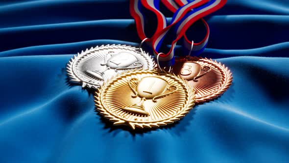 Set of gold, silver and brown medals for winners. First three prizes. Trophies.