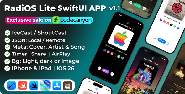 RadiOS Lite SwiftUI APP iOS 26, Radio Stream, Swift Radio, JSON, iOS APP Template (Single Radio)