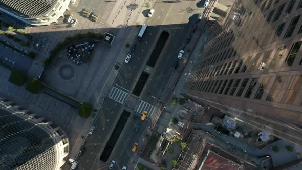 AERIAL: Epic Slow Lowering and Circling Birds Eye View Over Downtown Los Angeles California in