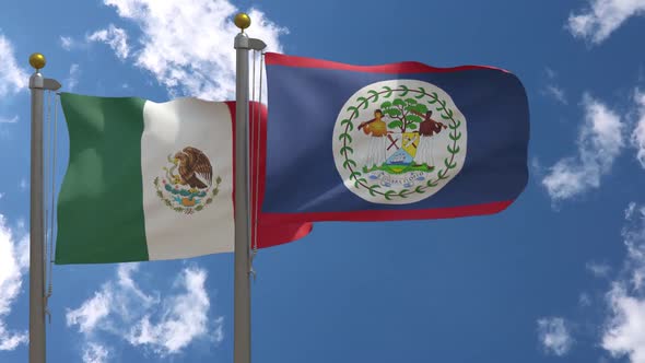 Mexico Flag Vs Belize Flag On Flagpole