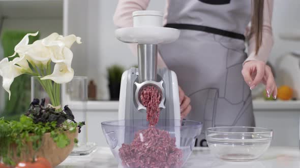 Woman Puts Pieces of Raw Meat Into Electric Meat Grinder. Pile of Chopped Meat. Electric Mincer