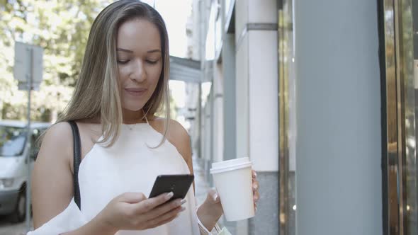 Caucasian Woman Browsing Via Smartphone, Reading Chat