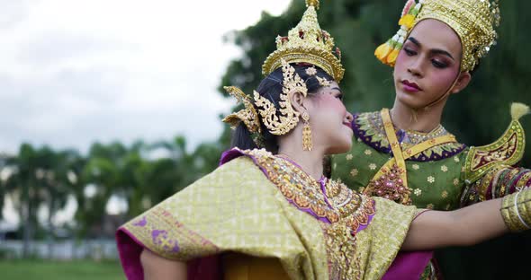 Close up of Khon performance arts acting entertainment dance traditional costume in the park