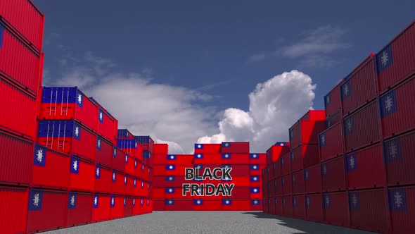 Containers with BLACK FRIDAY Text and Flags of Taiwan