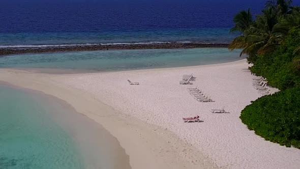 Aerial drone nature of marine shore beach journey by blue water and sand background