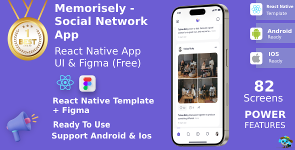 Social Network App ANDROID + IOS + FIGMA | UI Kit | ReactNative CLI | Life Time Update | Memorisely