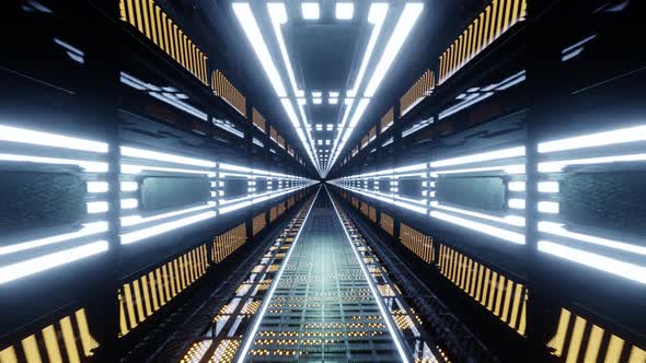 3D animation. Illuminated futuristic corridor in space station. Seamless loop