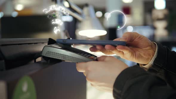 Animation 3d Motion Design of Customer is Paying with Smartphone in Shop Using NFC Contactless