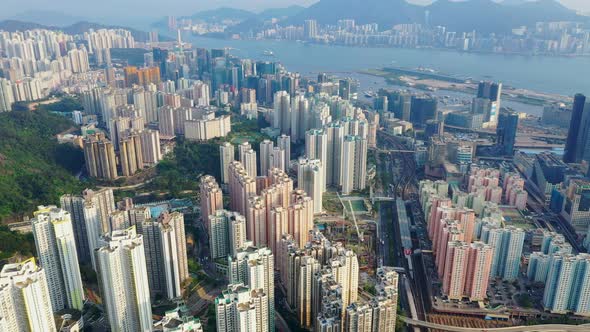 Drone fly over Hong Kong city