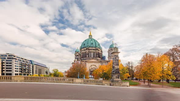 Day Hyper Lapse of Berlin Cathedral with Spree River in Autumn, Berlin, Germany