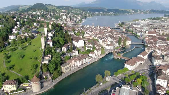 Drone shot of Lucerne (Luzern) city in central Switzerland