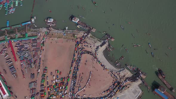 Aerial view of people waiting for ferry, Dhaka, Bangladesh,.