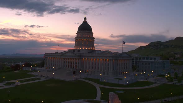 Flying towards the Utah State Capitol building at dusk