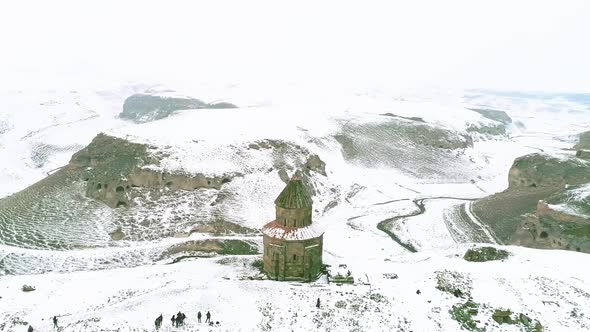 Aerial view Ani ruins in winter season. Kars, Turkey