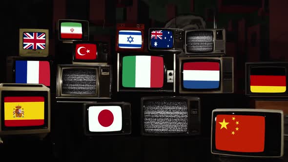 Flags of the World and Coronavirus on Retro TVs.