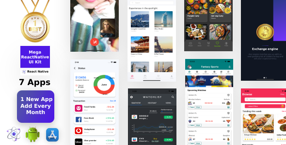Mega ReactNative Kit 7 Apps in 1 Template | Figma | Get Every month 1 App | Life Time Update