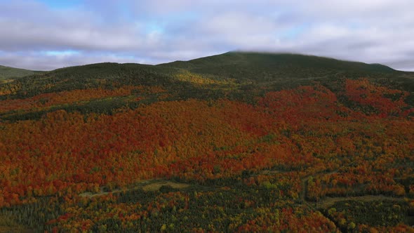 Aerial footage flying to the right by a autumn forest on the side of a mountain in northern Maine