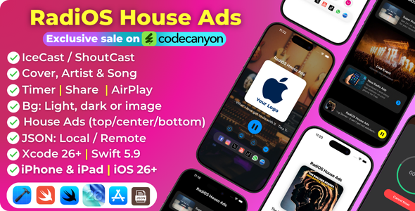RadiOS House Ads SwiftUI APP iOS 26, Radio Stream, Radio Swift, iOS APP Template (Single Station)